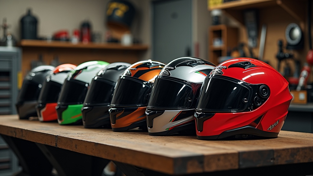 a collection of various motorcycle helmets placed on a workbench under workshop lighting
