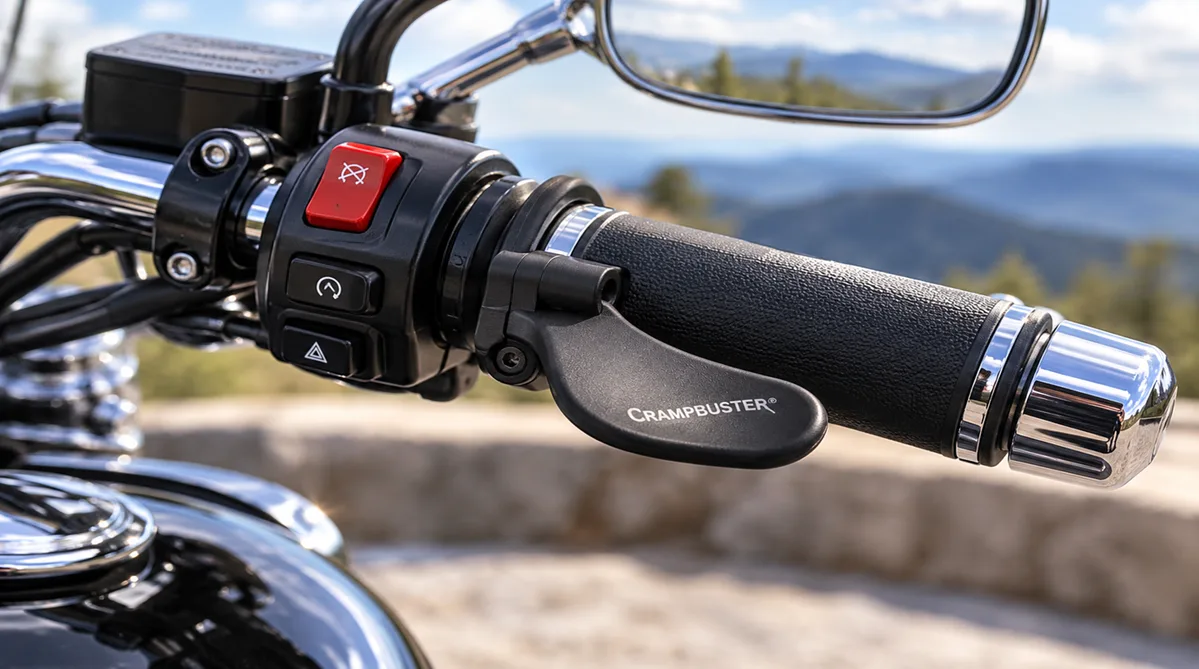 Close-up of a CrampBuster throttle assist mounted on the right-hand motorcycle throttle grip.
