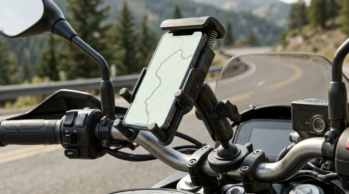 RAM Mounts Quick-Grip adjustable motorcycle phone holder with spring-loaded smartphone grip
