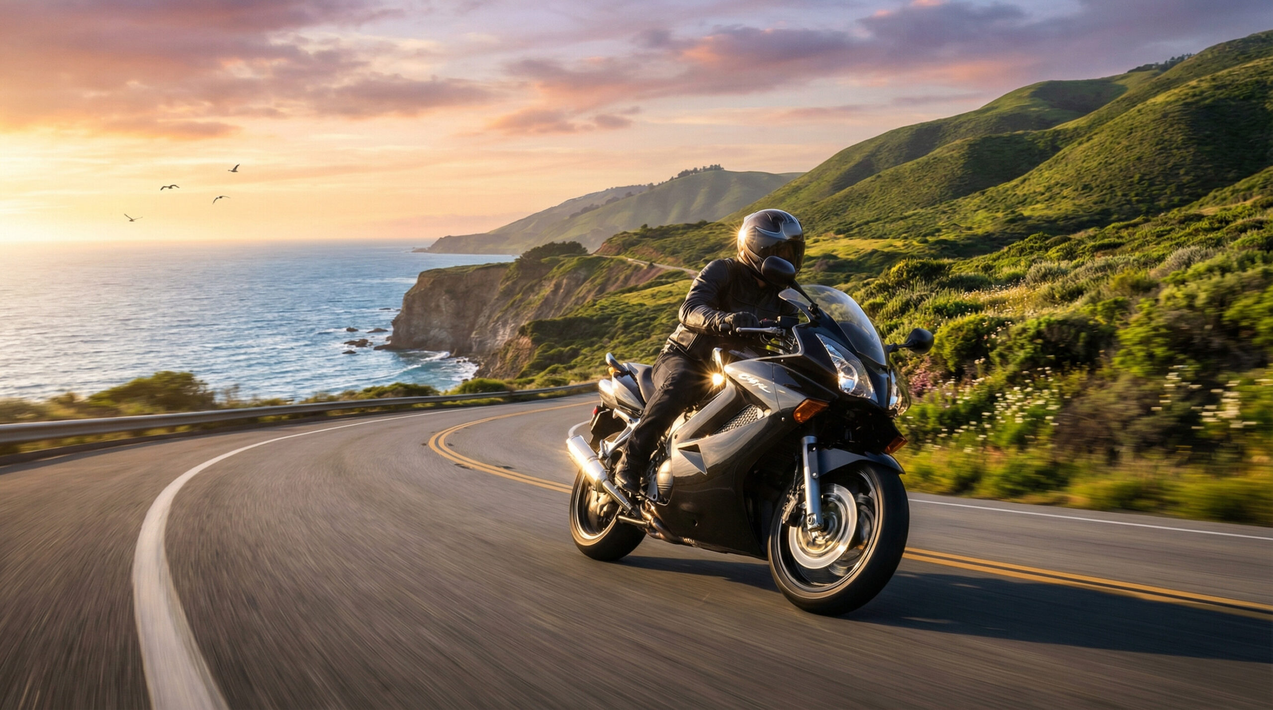 Motorcycle riding along the Pacific Coast Highway near Big Sur